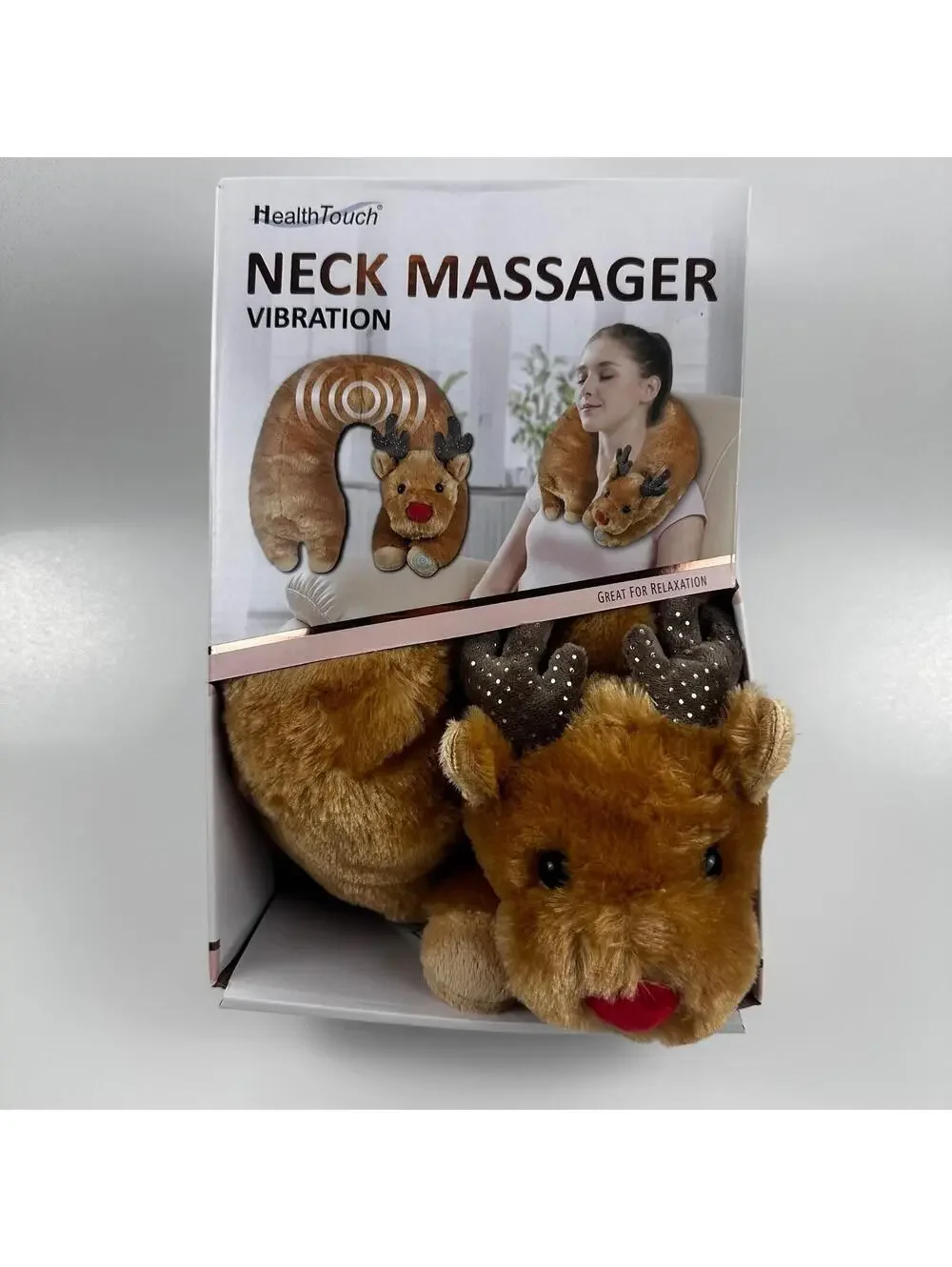 HealthTouch Neck Massager Unisex OS Brown Reindeer Plush Vibrating Travel Pillow
